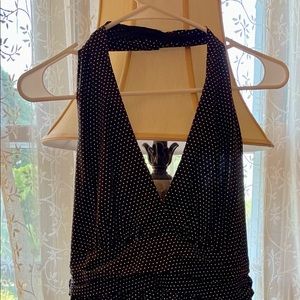 Backless halter sundress. Black with white embroidered flowers.